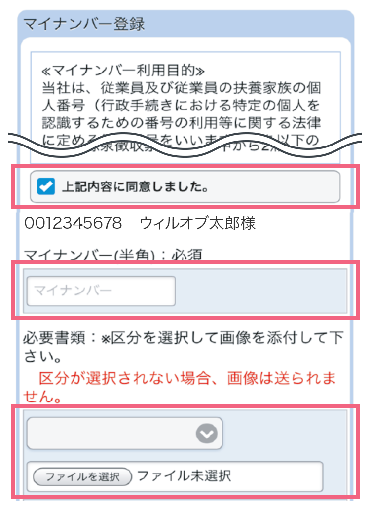 利用目的の同意のチェックマイナンバーの入力、必要書類の区分とファイル添付箇所